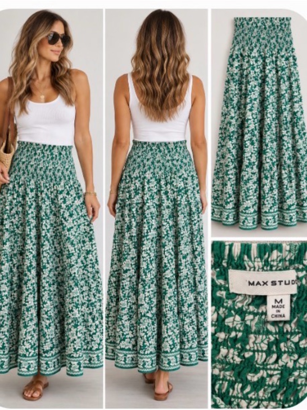 Max Studio Green and White Floral Smocked Maxi Skirt